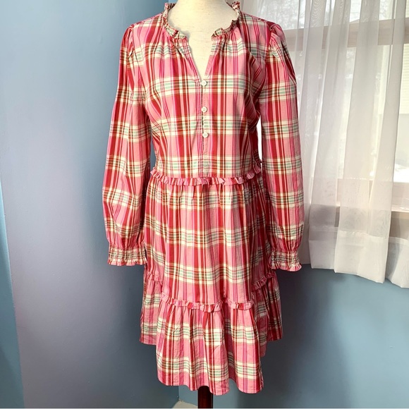 NWT J. Crew Plaid Mini Dress with Ruffle Trim in Sweet Briar Marine Salt Pink - Picture 3 of 8